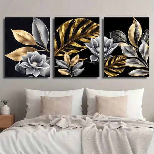 3pcs Golden Plant Leaves Floral Wall Art Set Canvas Unframed - High Quality Print 100% Australian Made Wall Canvas
