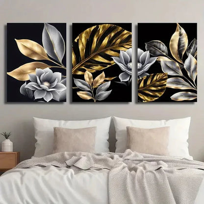 3pcs Golden Plant Leaves Floral Wall Art Set Canvas Unframed - High Quality Print 100% Australian Made Wall Canvas