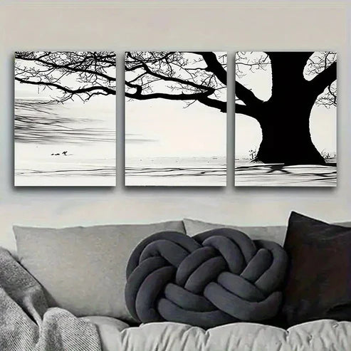 3pcs Monochrome Tree and Water Reflection Wall Art Canvas Unframed - High Quality Print 100% Australian Made Wall Canvas