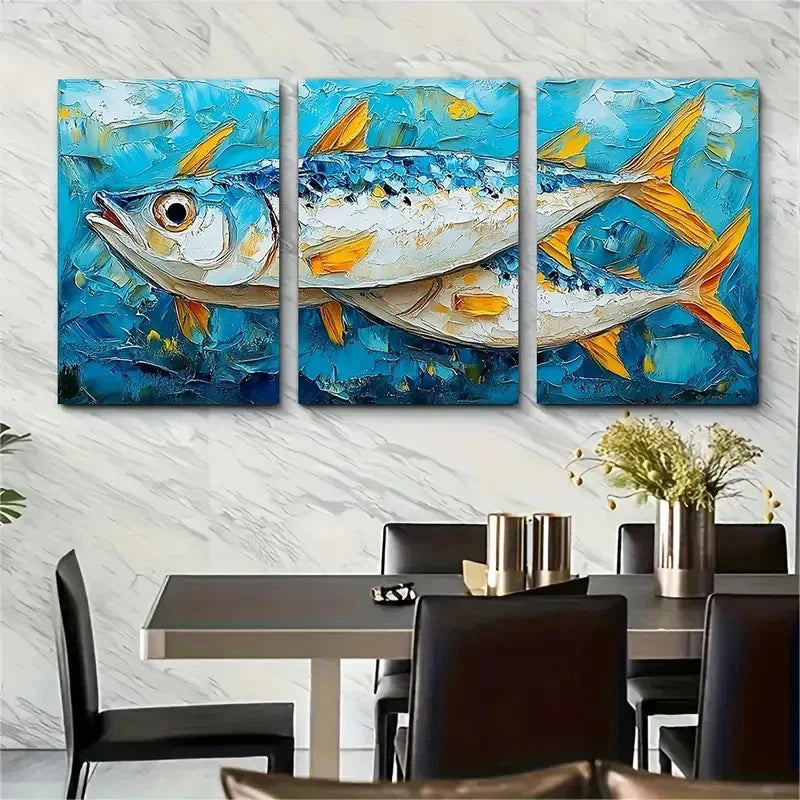 3pcs Textured Fish Artwork Coastal Perfect Wall Art Set Canvas Framed 40x60cm - High Quality Print 100% Australian Made Wall Canvas Ready to Hang