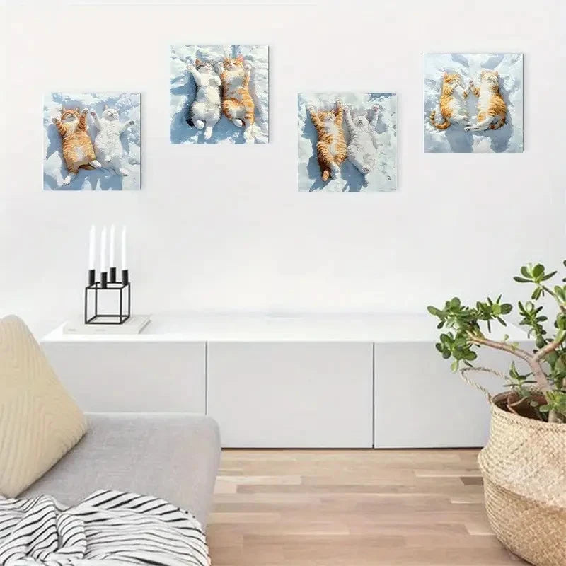 4pcs Cute White Cat In Sunshine, Abstract Wall Art Canvas Framed