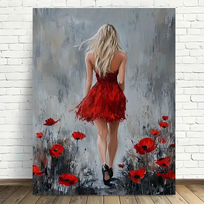 Beautiful Red Poppy Garden Walkway Painting 40x60cm Metal Print Ready to Hang