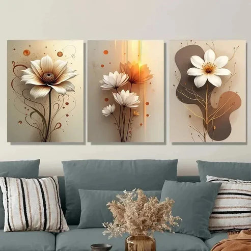 3pcs Vintage Floral Flower Painting White Wall Art Set Canvas Unframed - High Quality Print 100% Australian Made Wall Canvas