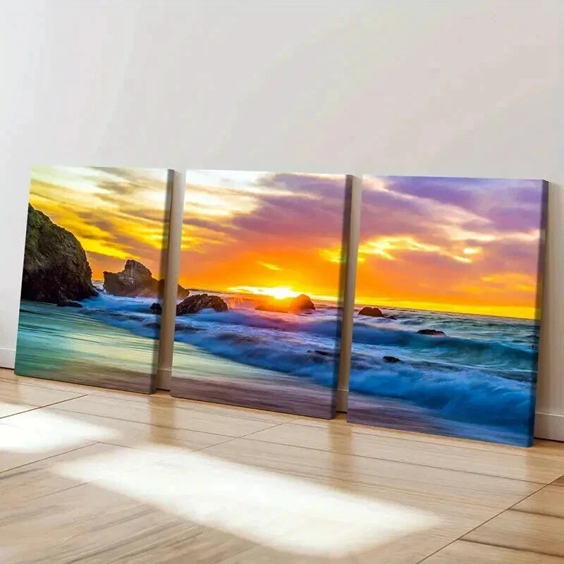 3pcs Vibrant Colorful Sunset Seaside Beach Wall Art Set Canvas Framed 40x60cm - High Quality Print 100% Australian Made Wall Canvas Ready to Hang