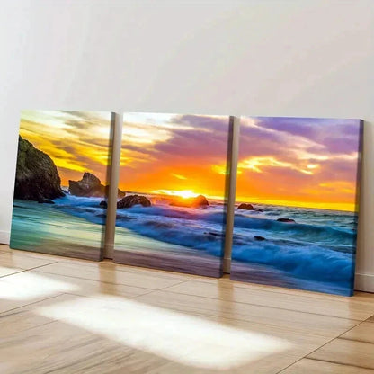 3pcs Vibrant Colorful Sunset Seaside Beach Wall Art Set Canvas Framed 40x60cm - High Quality Print 100% Australian Made Wall Canvas Ready to Hang