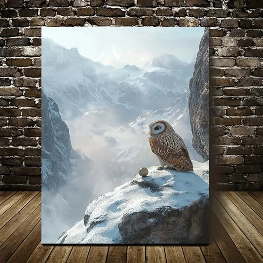 Owl Playing with Ball on Snowy Mountain Painting 40x60cm Metal Print Ready to Hang