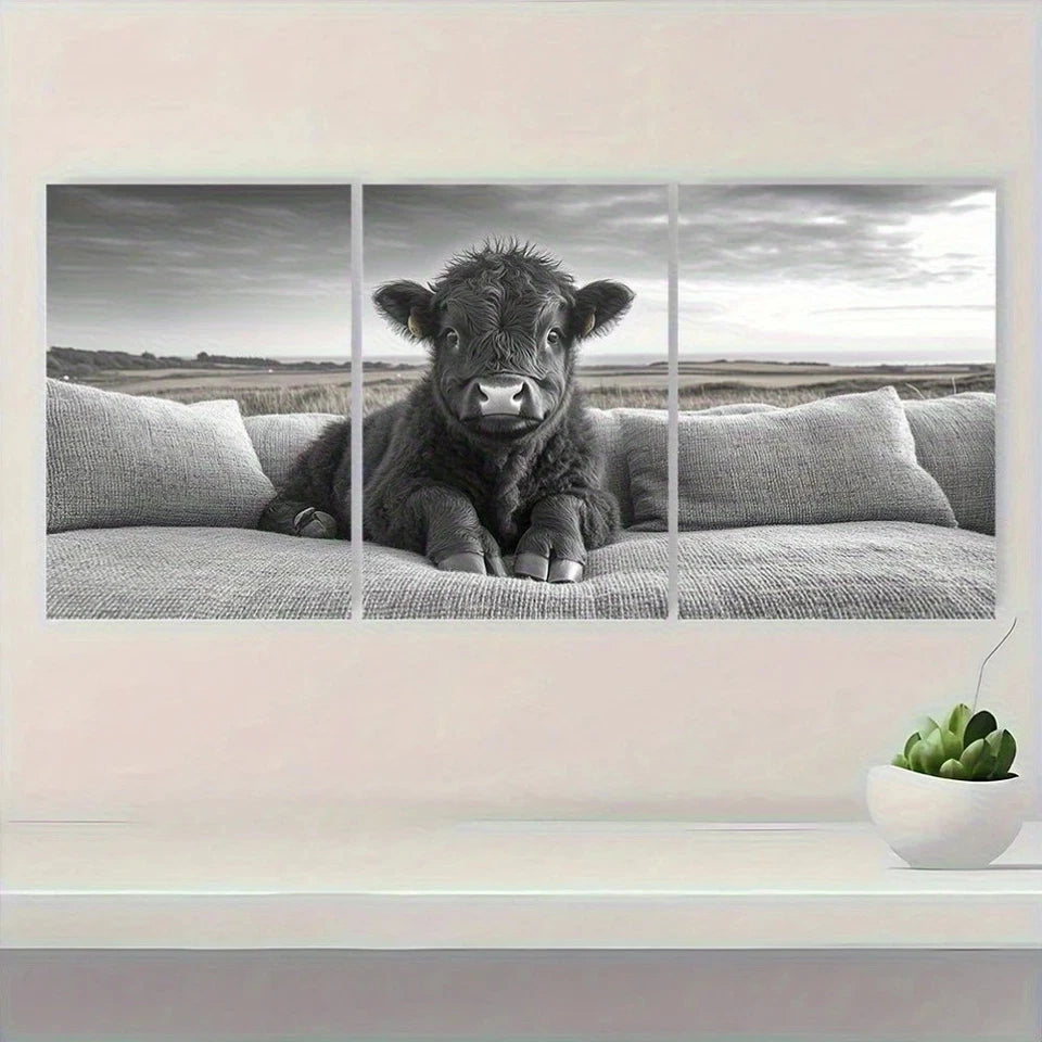 3pcs Cute Highland Cattle Black White Metal Print Ready to Hang Art