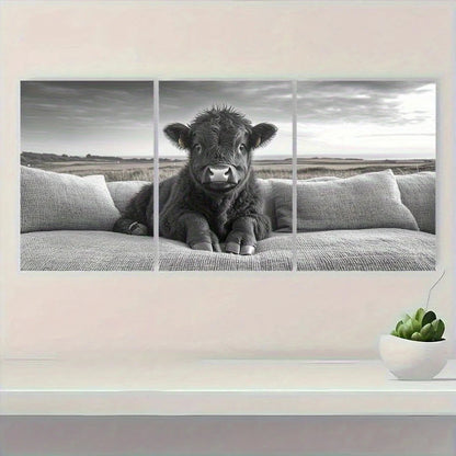 3pcs Cute Highland Cattle Black White Metal Print Ready to Hang Art