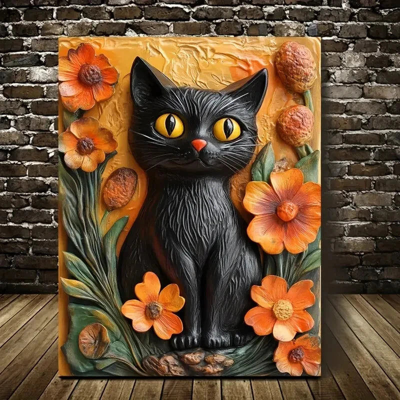 Black Cat And Yellow Life in Orange Painting  40x60cm Metal Print Ready to Hang