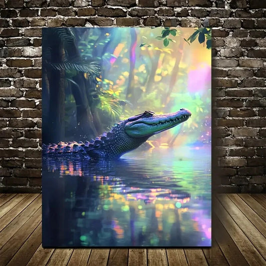 Crocodile in Water with Rainbow Reflections Painting 40x60cm Metal Print Ready to Hang