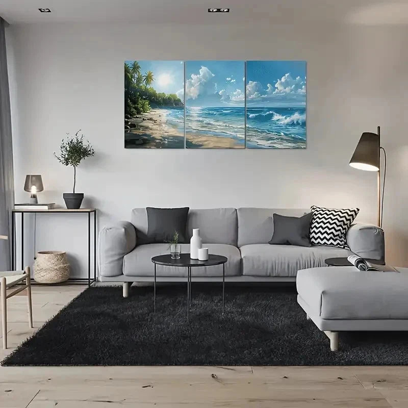 3pcs Tropical Ocean View with Palm Trees & Waves Metal Print Ready to Hang Art