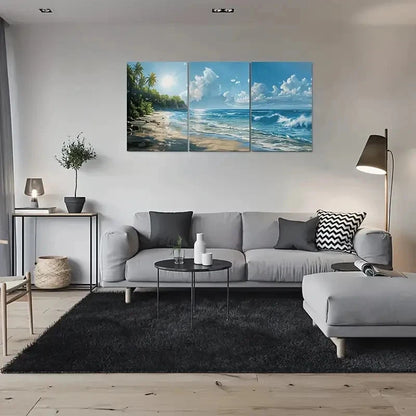 3pcs Tropical Ocean View with Palm Trees & Waves Metal Print Ready to Hang Art