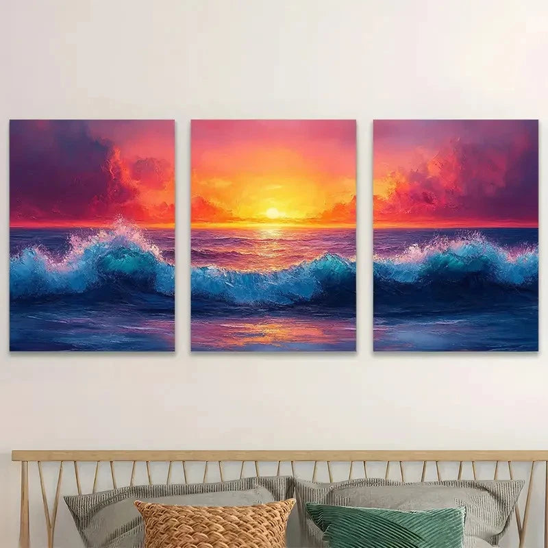 3pcs Vibrant Sunset Over Crashing Ocean Waves Wall Art Set Canvas Framed 40x60cm - High Quality Print 100% Australian Made Wall Canvas Ready to Hang