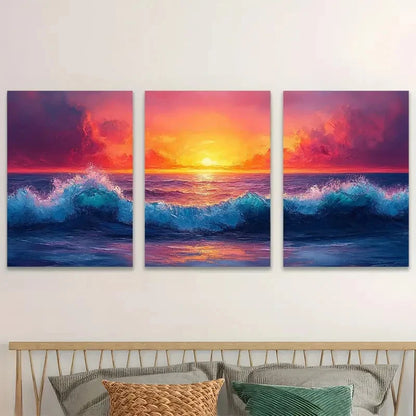 3pcs Vibrant Sunset Over Crashing Ocean Waves Wall Art Set Canvas Framed 40x60cm - High Quality Print 100% Australian Made Wall Canvas Ready to Hang