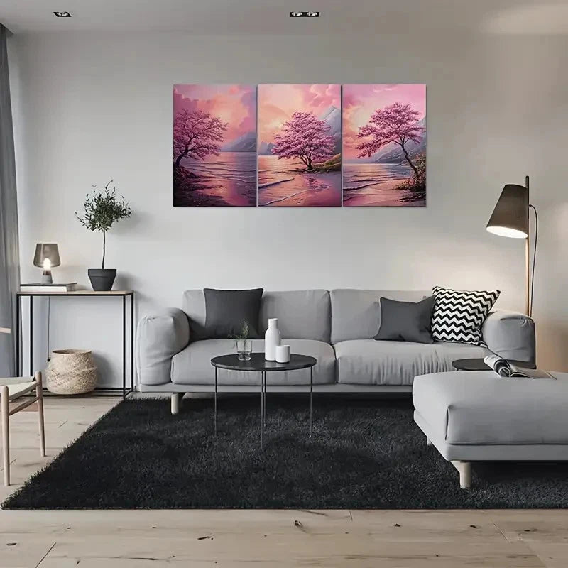 3pcs Vibrant Pink Sakura Trees & Sunset Sky Metal Print Ready to Hang Art