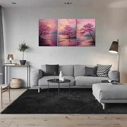 3pcs Vibrant Pink Sakura Trees & Sunset Sky Metal Print Ready to Hang Art