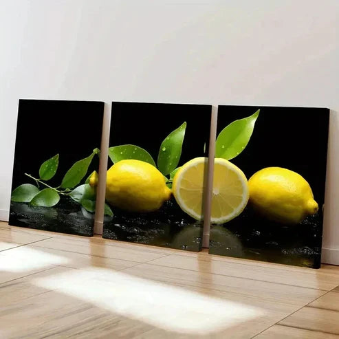 3pcs Vibrant Lemon & Green Leaf Design Wall Art Canvas Unframed - High Quality Print 100% Australian Made Wall Canvas