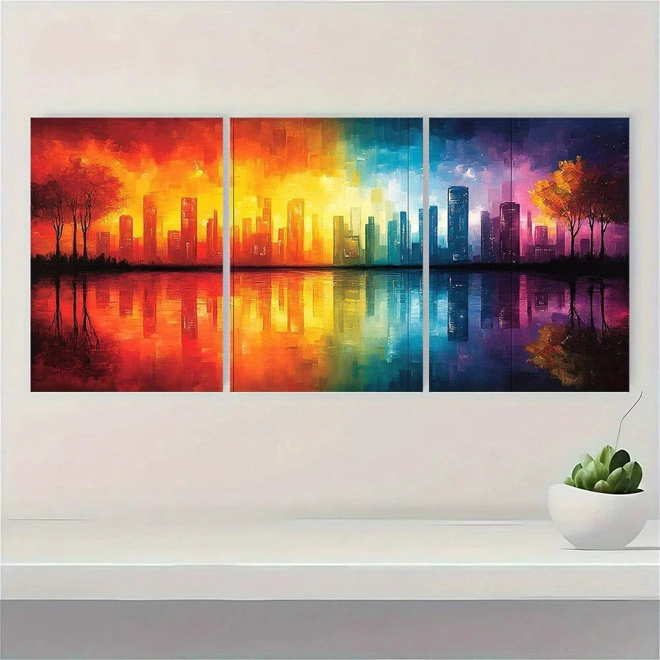 3pcs Colorful Grid Fashionable Red Yellow Metal Print Ready to Hang Art