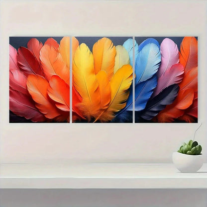 3pcs Rainbow Feathers Abstract Painting Metal Print Ready to Hang Art