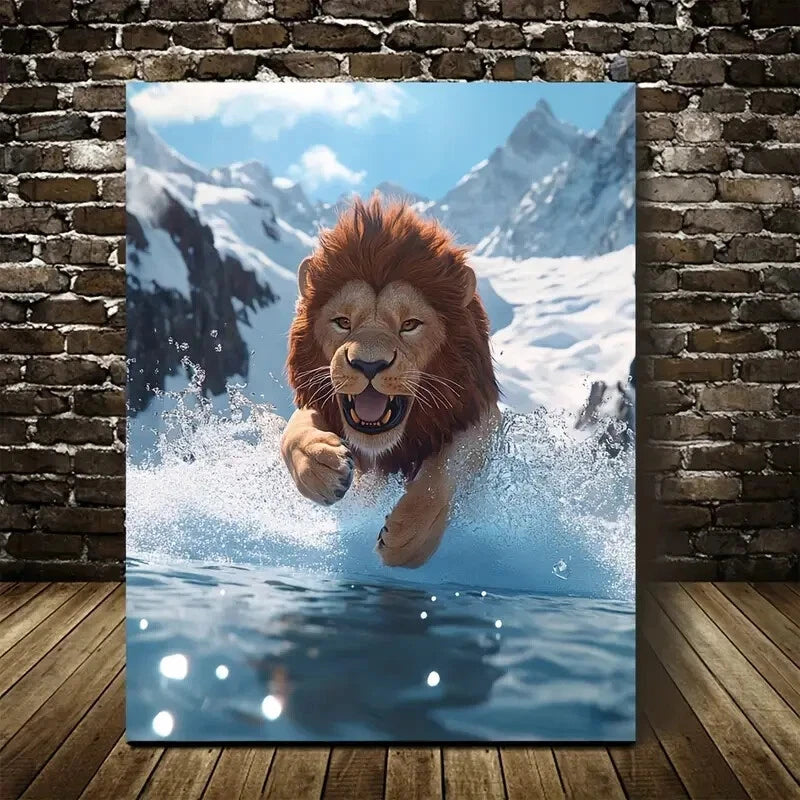 Beautiful Scene Of Lion Splashing in Water On Painting 40x60cm Metal Print Ready to Hang