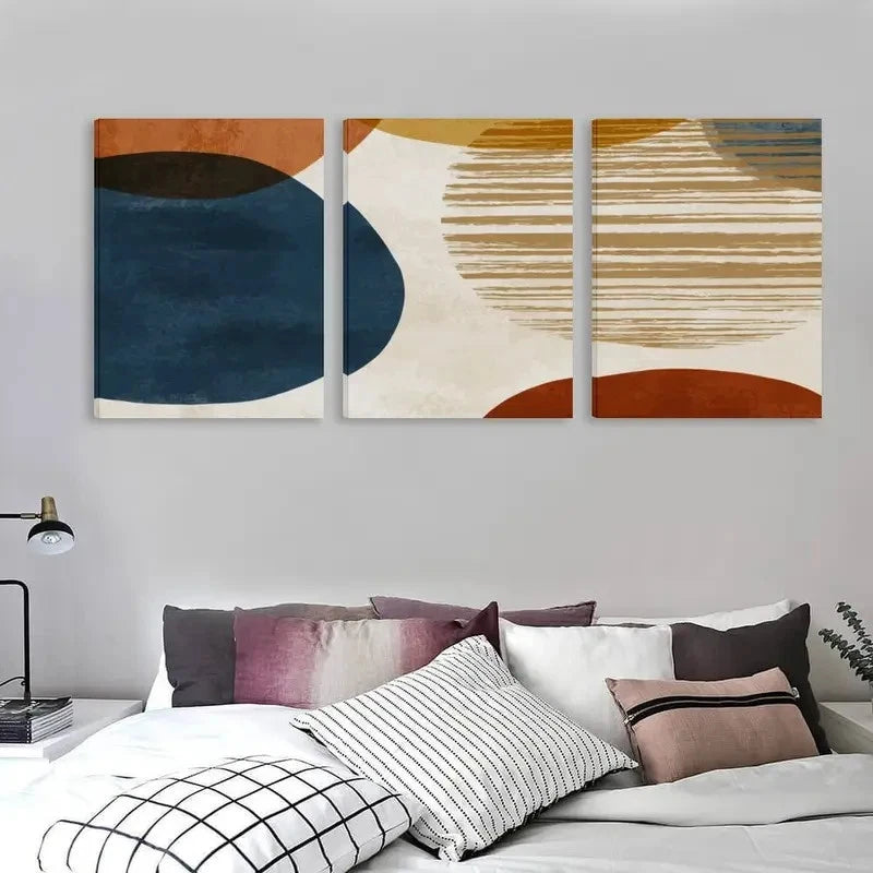 3pcs Abstract Blue And Orange Geometric Shapes Wall Art Set Canvas Framed 60x90cm - High Quality Print 100% Australian Made Wall Canvas Ready to Hang
