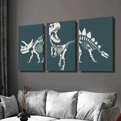 3pcs Dinosaur Triceratops Skeleton Outline Wall Art Set Canvas Unframed - High Quality Print 100% Australian Made Wall Canvas