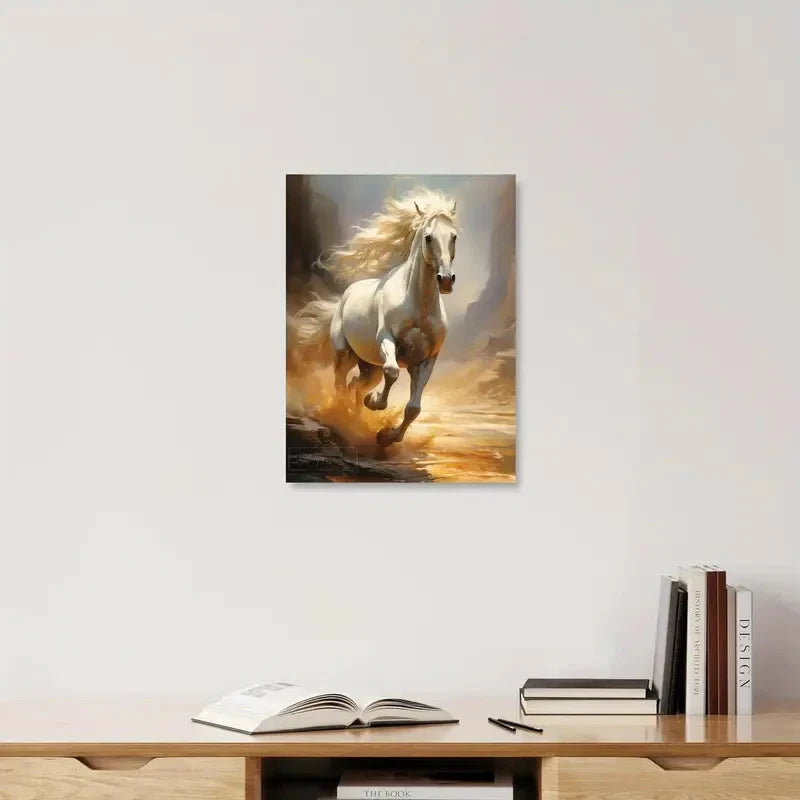 Beautiful White Horse With Long Mane Galloping 40x60cm Metal Print Ready to Hang