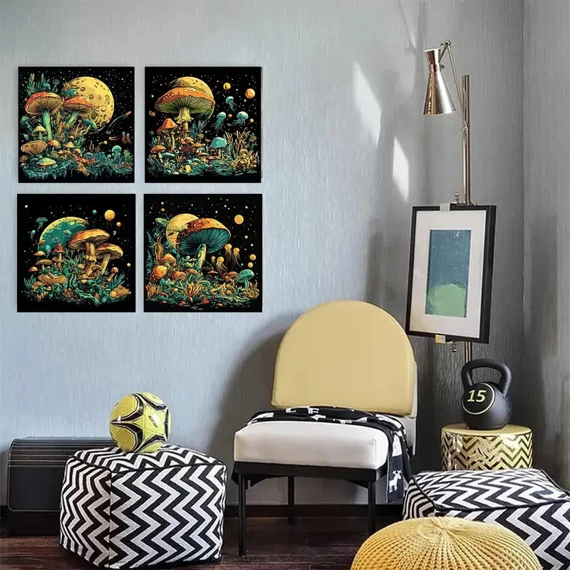 4pcs Jellyfish & Moon Design,Wall Art Canvas Framed