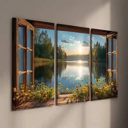 3pcs Flowers and Lake Scenery in the Sunset Wall Art Set Canvas Unframed - High Quality Print 100% Australian Made Wall Canvas