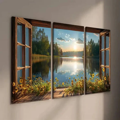 3pcs Flowers and Lake Scenery in the Sunset Wall Art Set Canvas Unframed - High Quality Print 100% Australian Made Wall Canvas