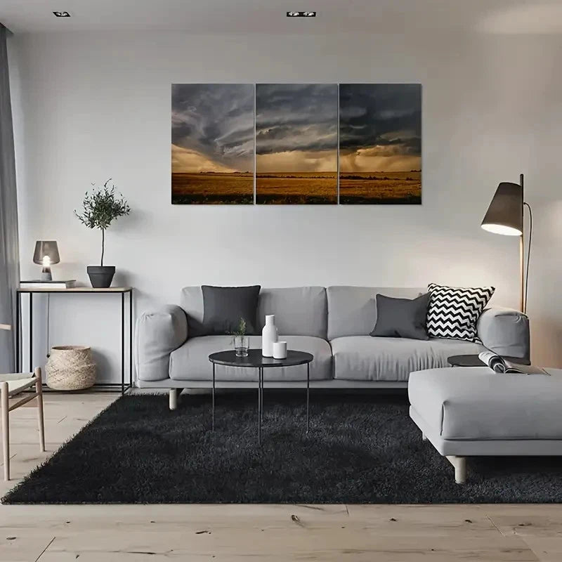 3pcs Stormy Sky Over Golden Fields Metal Print Ready to Hang Art
