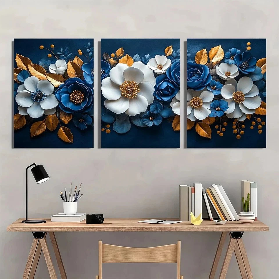 3pcs Elegant Floral Navy Blue & Golden Accents Metal Print Ready to Hang Art