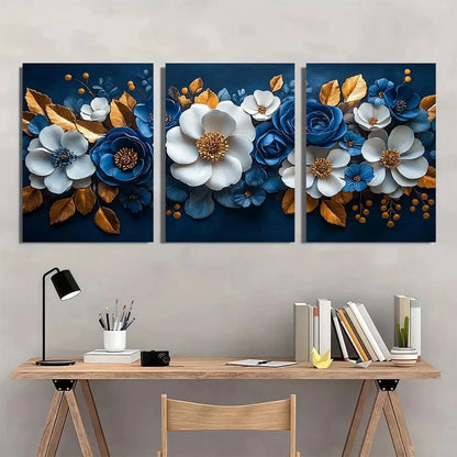 3pcs Elegant Floral Navy Blue & Golden Accents Metal Print Ready to Hang Art
