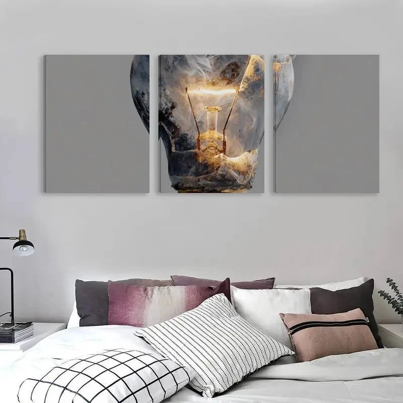 3pcs A Light Bulb with Smoke Coming out   Wall Art Set Canvas Framed 60x90cm - High Quality Print 100% Australian Made Wall Canvas Ready to Hang