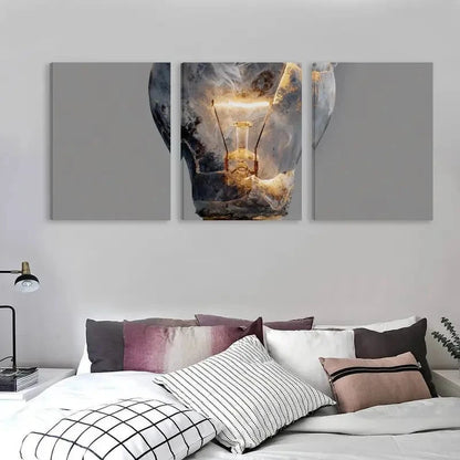 3pcs A Light Bulb with Smoke Coming out   Wall Art Set Canvas Framed 60x90cm - High Quality Print 100% Australian Made Wall Canvas Ready to Hang