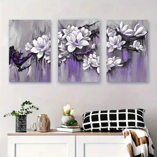 3pcs Purple Magnolia Flowers Blossoms Perfect Wall Art Set Canvas Framed 40x60cm - High Quality Print 100% Australian Made Wall Canvas Ready to Hang
