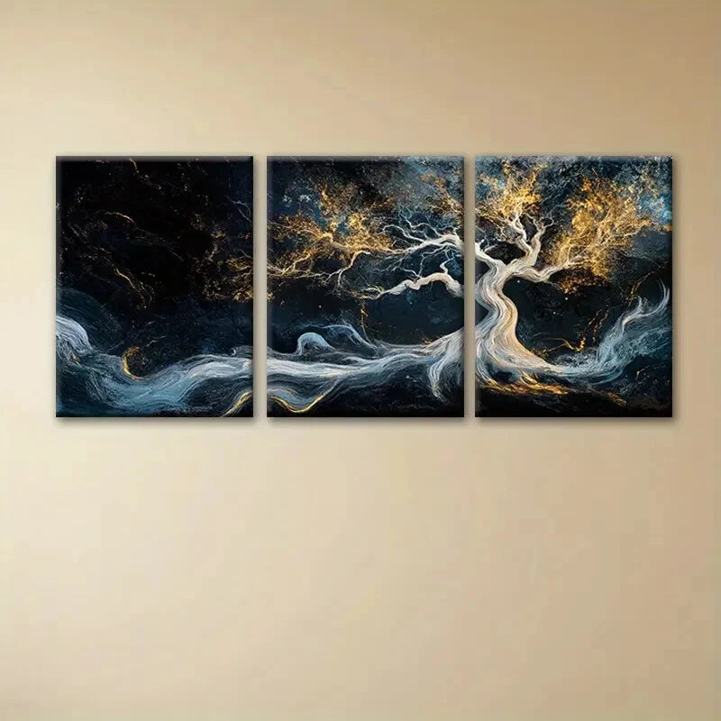 3pcs White Tree with Golden Accents Metal Print Ready to Hang Art