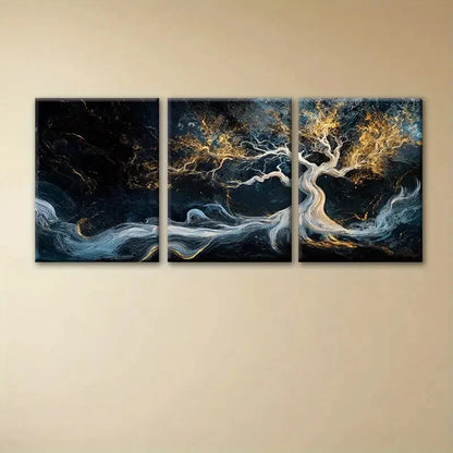3pcs White Tree with Golden Accents Metal Print Ready to Hang Art