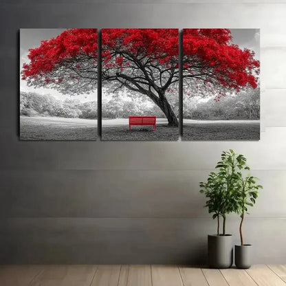 3pcs Rustic Red Tree Black and White Metal Print Ready to Hang Art