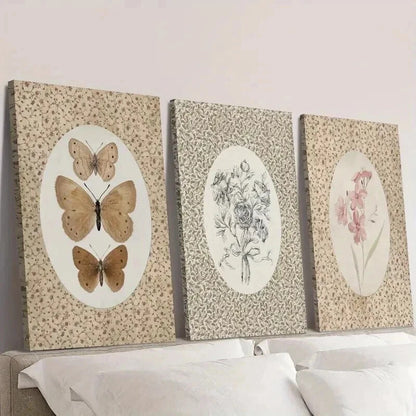 3pcs Vintage Butterfly & Pink Flowers Wall Art Set Canvas Framed 40x60cm - High Quality Print 100% Australian Made Wall Canvas Ready to Hang