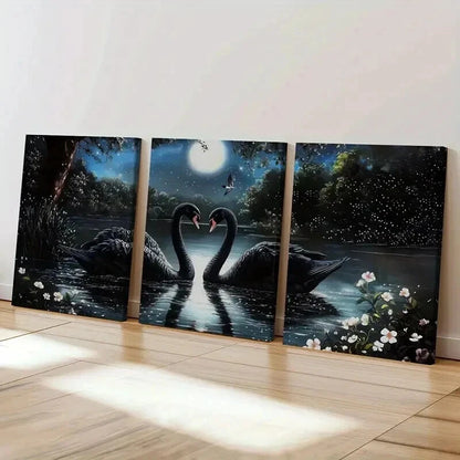 3pcs Black Swan Moonlit Night Serene Lake Wall Art Set Canvas Framed 40x60cm - High Quality Print 100% Australian Made Wall Canvas Ready to Hang