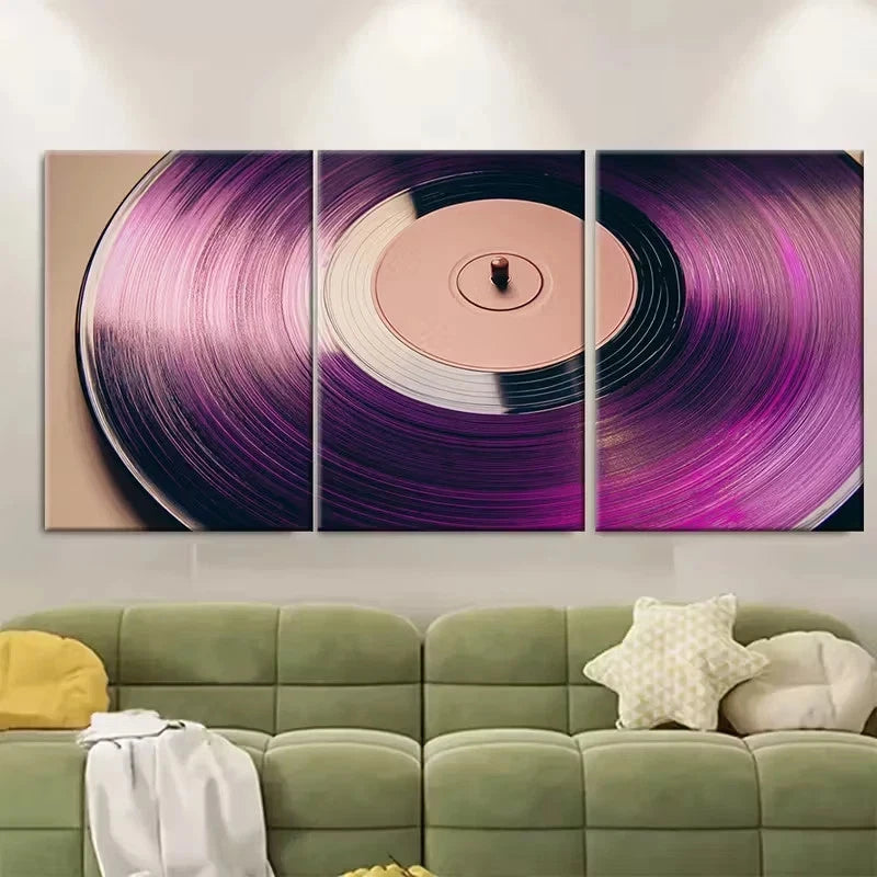 3pcs Purple Retro Vinyl Record Metal Wall Art Canvas Framed 50x70cm - High Quality Print 100% Australian Made Wall Canvas Ready to Hang