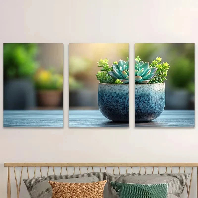 3pcs Watercolor Succulent in a Coffee Mug Wall Art Set Canvas Framed 50x70cm - High Quality Print 100% Australian Made Wall Canvas Ready to Hang