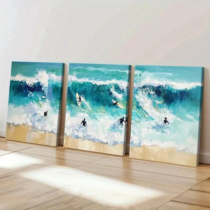3pcs Vibrant Sea Landscape with Surfers Wall Art Set Canvas Framed 40x60cm - High Quality Print 100% Australian Made Wall Canvas Ready to Hang
