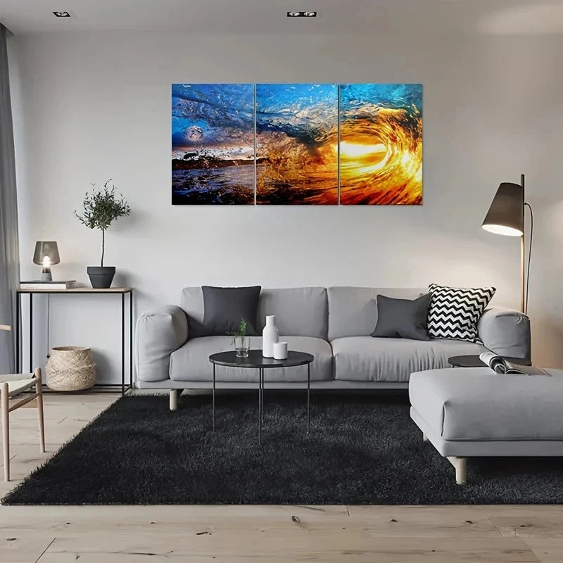 3pcs Ocean Wave Sunset Vibrant Colors & Dynamic Metal Print Ready to Hang Art