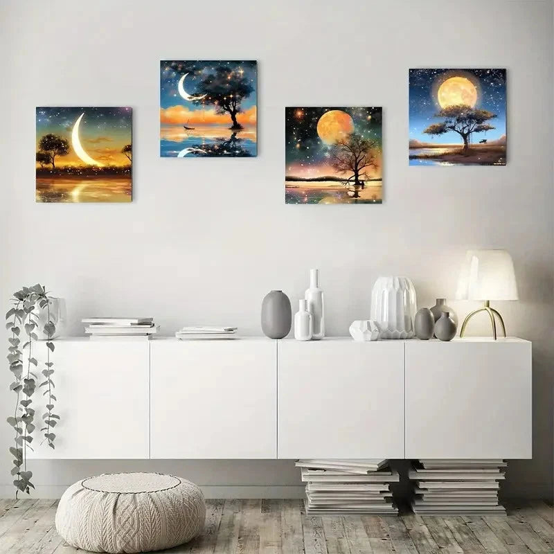 4pcs Night Scene Coastal Wall Art Canvas Framed