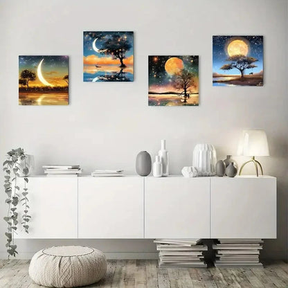 4pcs Night Scene Coastal Wall Art Canvas Framed