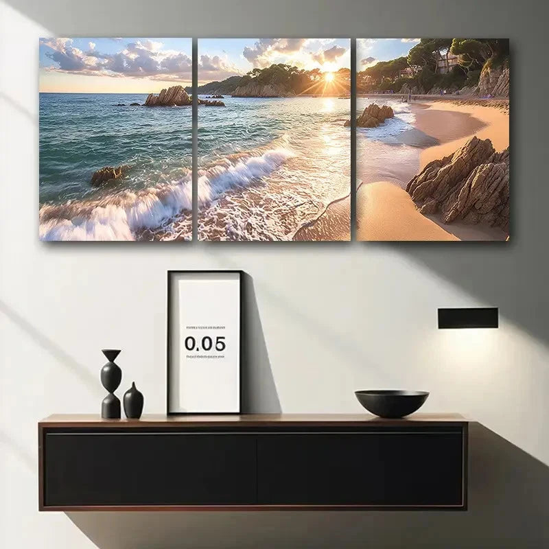 3pcs Serene Beach Waves Sunset Metal Print Ready to Hang Art