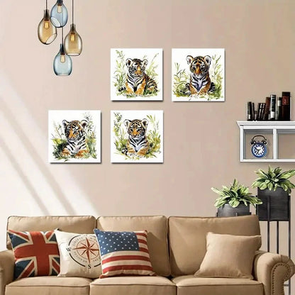 4pcs Cute Tiger Cub Watercolor Wall Art Canvas Framed