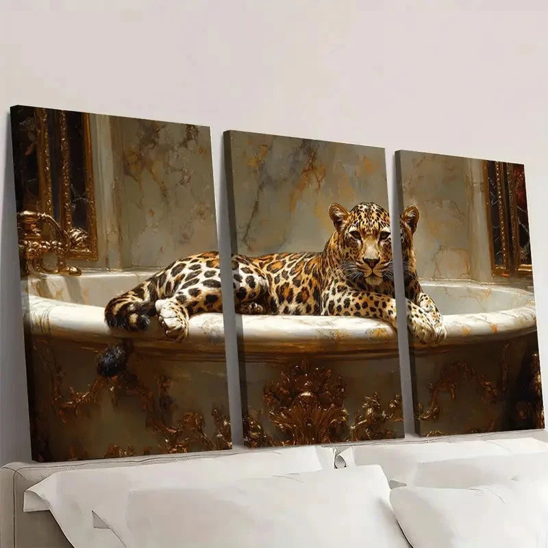 3pcs Leopard Lounging on The Edge of an Ornate Wall Art Set Canvas Framed 60x90cm - High Quality Print 100% Australian Made Wall Canvas Ready to Hang